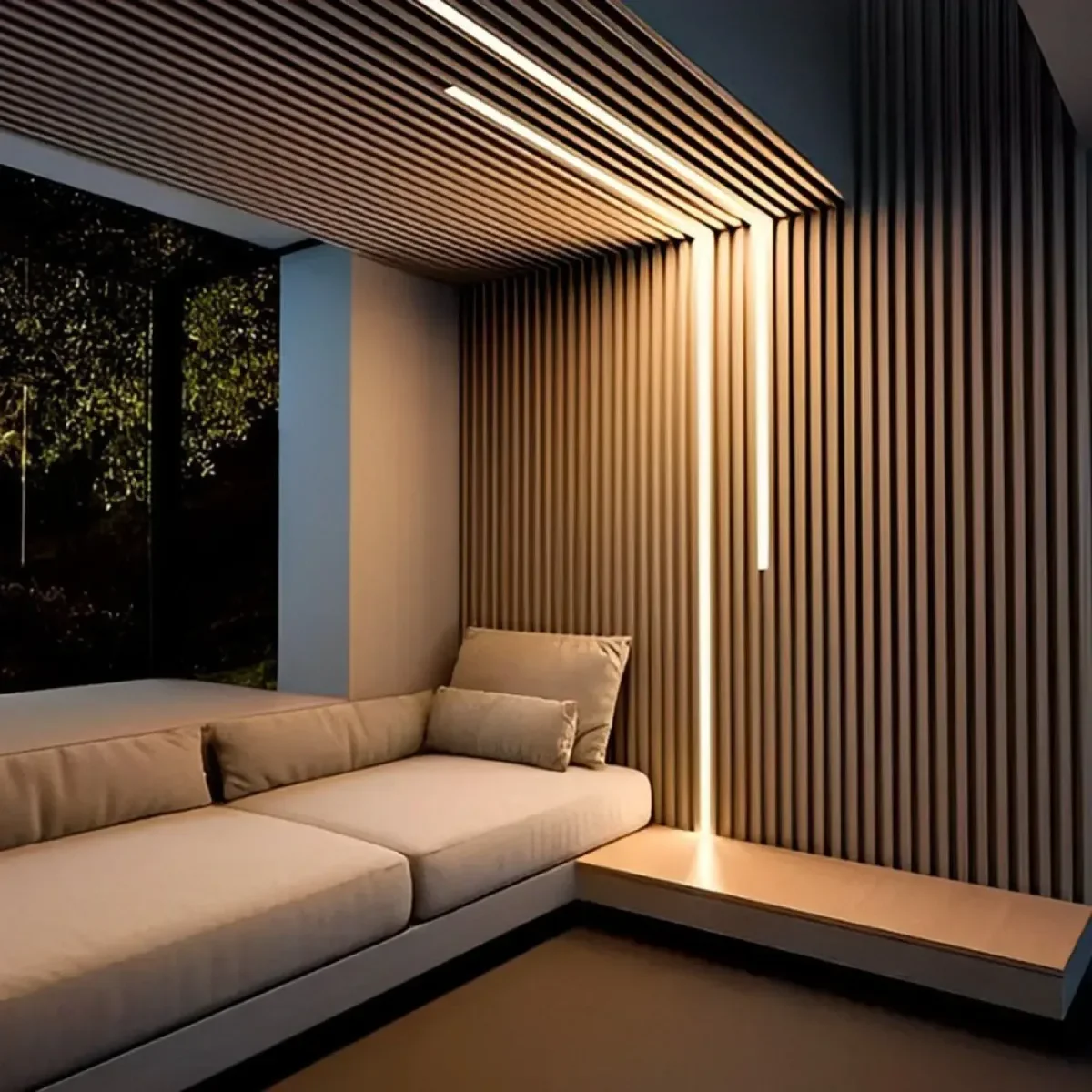 Projeto de iluminação com perfil de LED em painel de parede